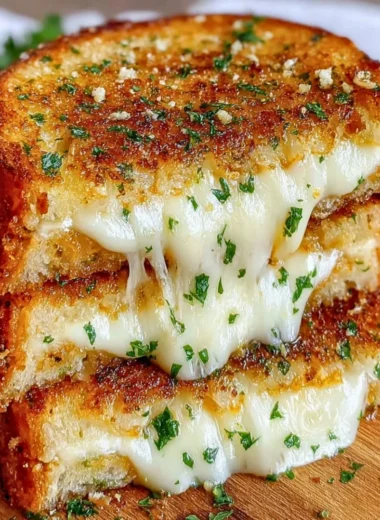 Melted garlic bread grilled cheese sandwich with crispy edges and savory aroma