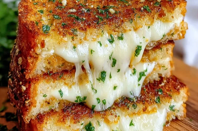 Melted garlic bread grilled cheese sandwich with crispy edges and savory aroma