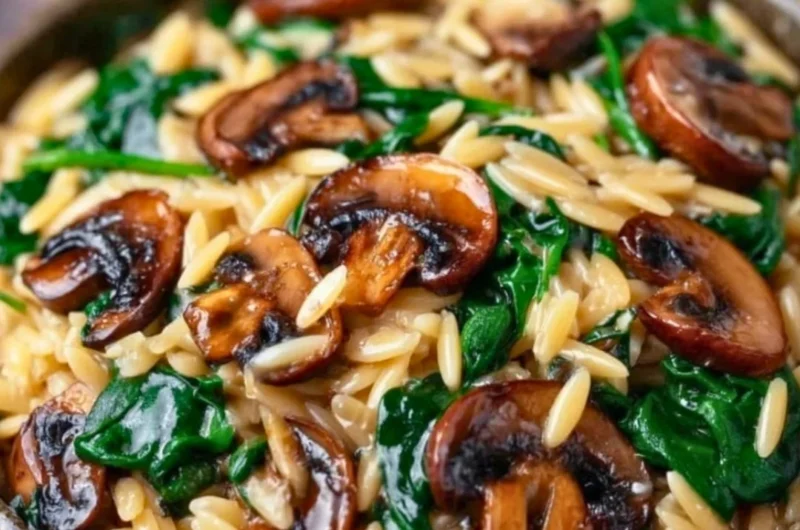 Delicious Garlic Butter Orzo with Mushrooms and Spinach served in a bowl