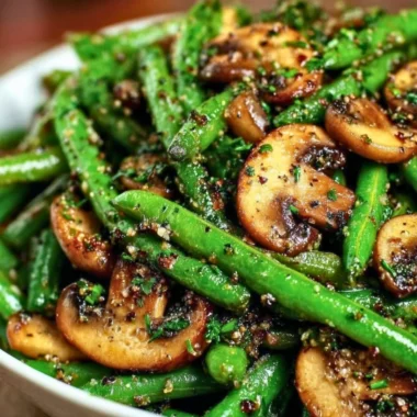 Delicious garlic butter sautéed green beans with mushrooms in a skillet.