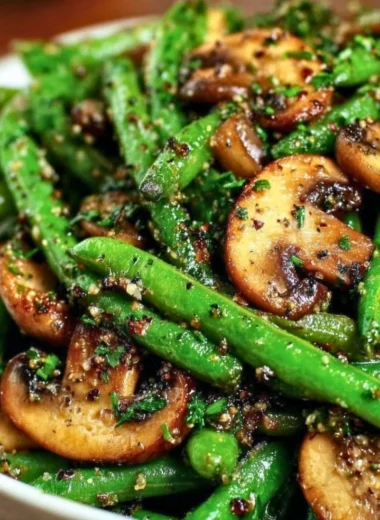 Delicious garlic butter sautéed green beans with mushrooms in a skillet.