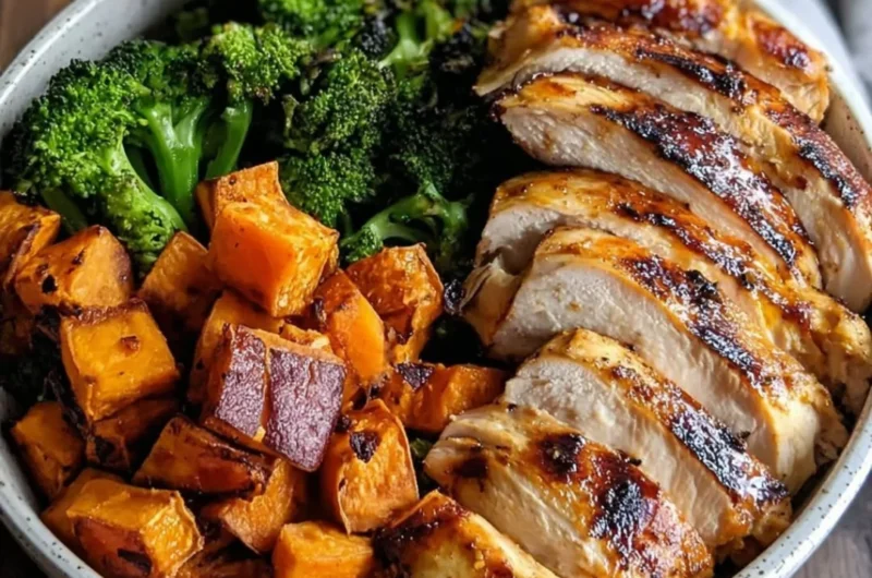 Delicious grilled chicken and sweet potato bowl garnished with fresh herbs