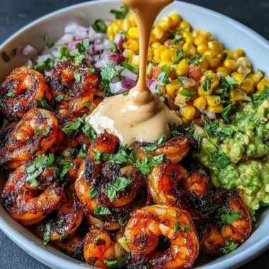 Grilled shrimp bowl with avocado, corn salsa, and creamy garlic sauce