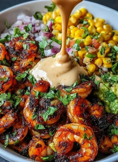 Grilled shrimp bowl with avocado, corn salsa, and creamy garlic sauce