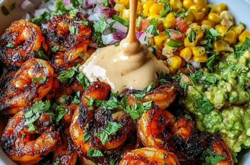 Grilled shrimp bowl with avocado, corn salsa, and creamy garlic sauce