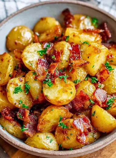 Honey bacon roasted potatoes with a crispy finish and sweet glaze