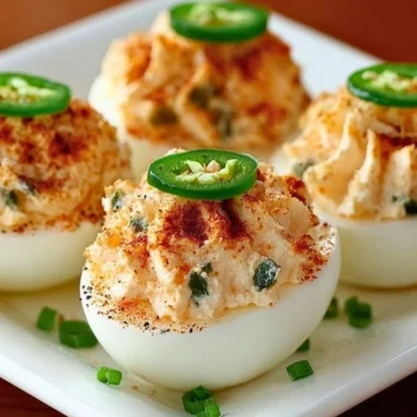 Plate of Jalapeño Deviled Eggs garnished with jalapeño slices.