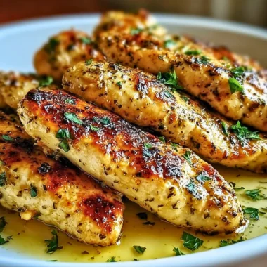 Juicy Greek Chicken Tenders served with herbs and spices for a healthy dish.