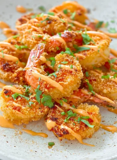 Delicious Keto Bang Bang Shrimp served on a plate with garnishes