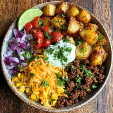 Delicious loaded potato taco bowl with toppings and fresh ingredients