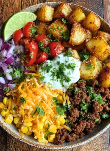 Delicious loaded potato taco bowl with toppings and fresh ingredients