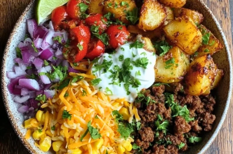 Delicious loaded potato taco bowl with toppings and fresh ingredients