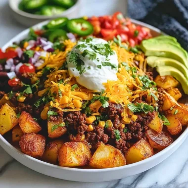 Delicious loaded potato taco bowl with fresh toppings and savory ingredients