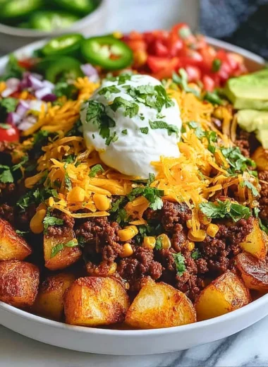 Delicious loaded potato taco bowl with fresh toppings and savory ingredients