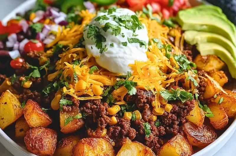 Delicious loaded potato taco bowl with fresh toppings and savory ingredients