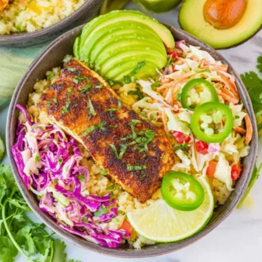 Low carb fish taco bowls with fresh ingredients and vibrant toppings