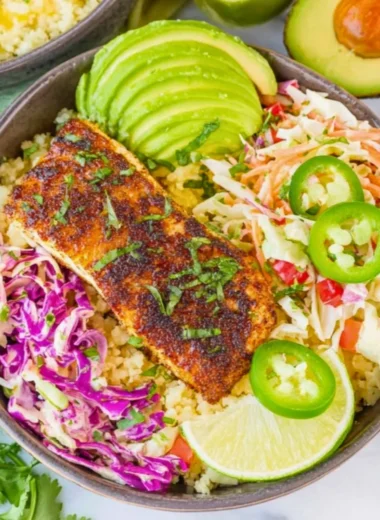 Low carb fish taco bowls with fresh ingredients and vibrant toppings