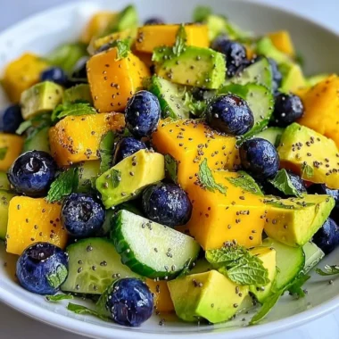 Mango cucumber salad with blueberries and avocado in a colorful bowl