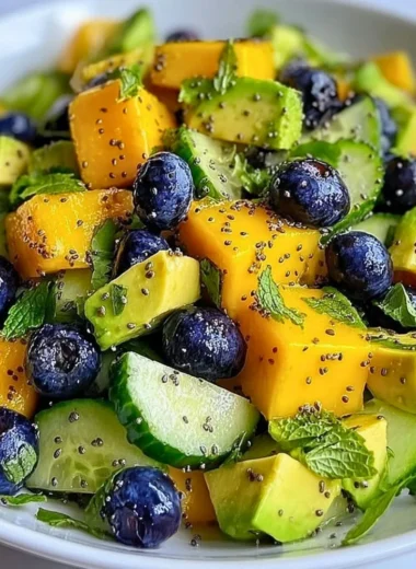 Mango cucumber salad with blueberries and avocado in a colorful bowl