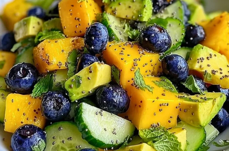 Mango cucumber salad with blueberries and avocado in a colorful bowl