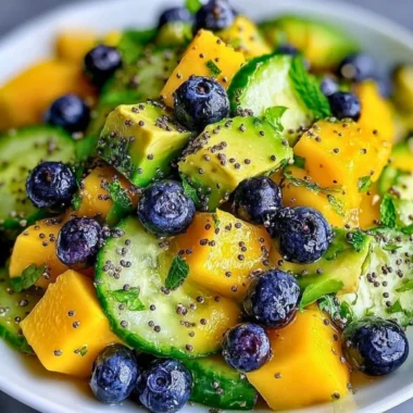 Mango cucumber salad with blueberries and avocado in a bowl