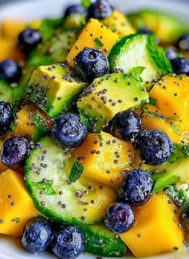 Mango cucumber salad with blueberries and avocado in a bowl