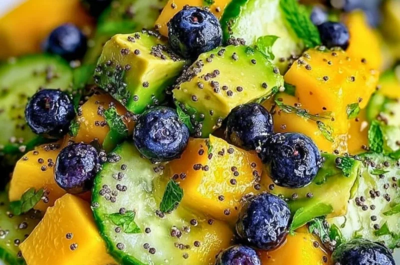 Mango cucumber salad with blueberries and avocado in a bowl