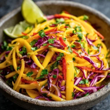 Colorful Mango Slaw served in a bowl with diced mango, cabbage, and cilantro.