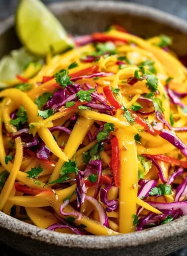 Colorful Mango Slaw served in a bowl with diced mango, cabbage, and cilantro.