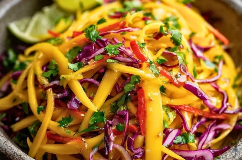 Colorful Mango Slaw served in a bowl with diced mango, cabbage, and cilantro.