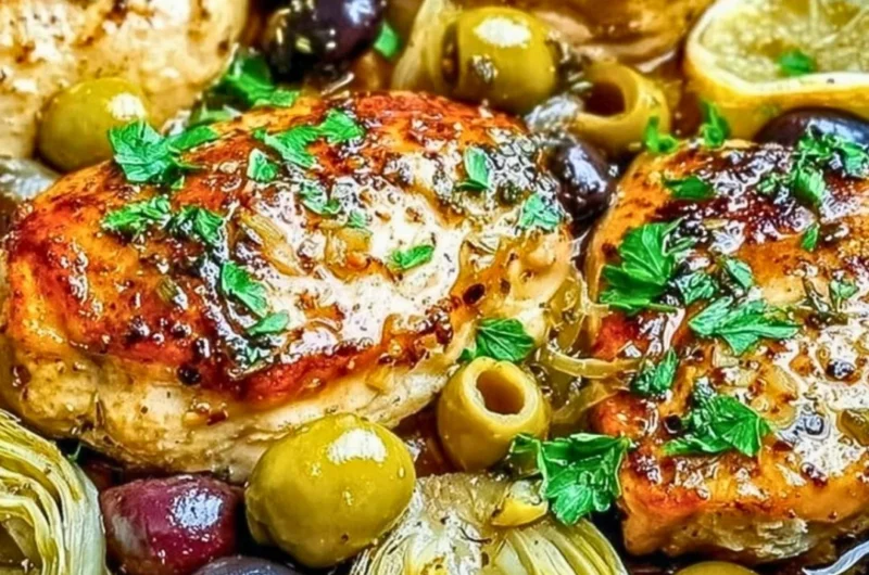 Mediterranean chicken dish with herbs and colorful vegetables