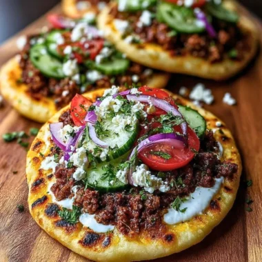 Mediterranean mini lahmacun bites topped with yogurt drizzle on a platter