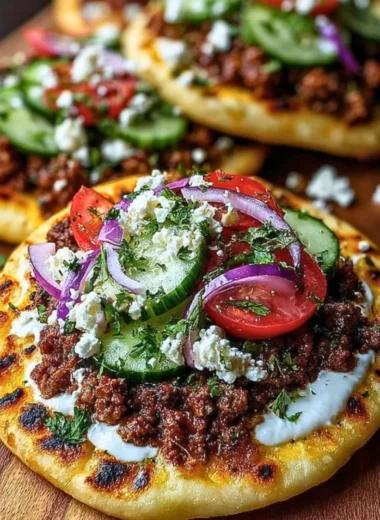 Mediterranean mini lahmacun bites topped with yogurt drizzle on a platter
