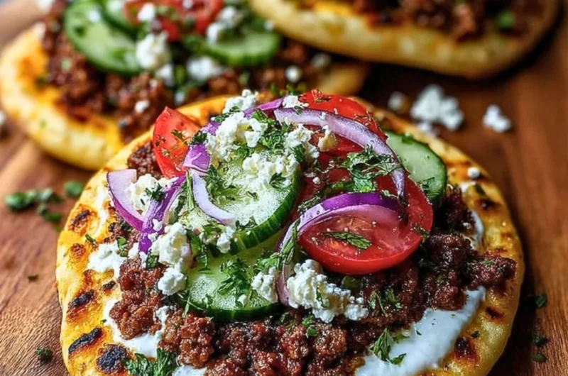 Mediterranean mini lahmacun bites topped with yogurt drizzle on a platter