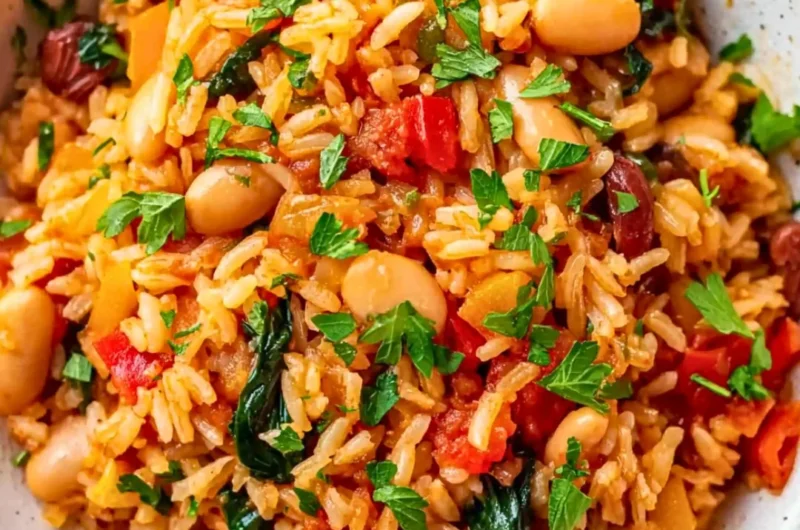 Dish of Mediterranean Rice and Beans garnished with herbs and vegetables.