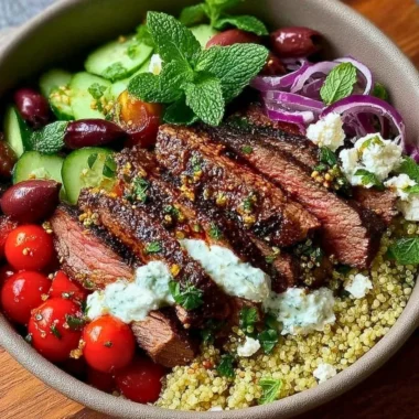 Delicious Mediterranean steak bowls with fresh vegetables and herbs.