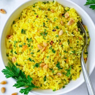Plate of Mediterranean Yellow Rice with spices and vegetables