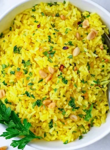Plate of Mediterranean Yellow Rice with spices and vegetables