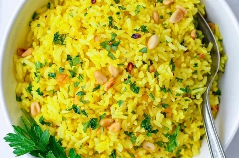 Plate of Mediterranean Yellow Rice with spices and vegetables