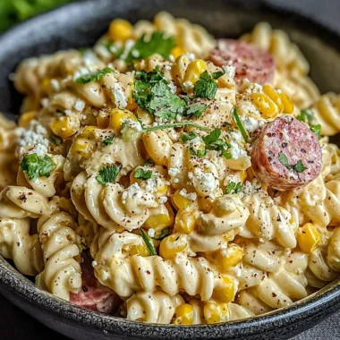 Mexican street corn pasta salad with fresh ingredients and vibrant toppings