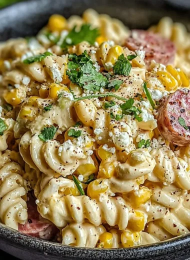 Mexican street corn pasta salad with fresh ingredients and vibrant toppings