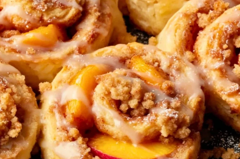 Peach Cobbler Cinnamon Rolls drizzled with icing on a wooden table