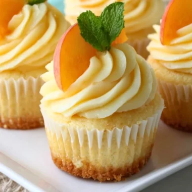 Peach and honey cheesecake cupcakes topped with fresh fruit and honey drizzle