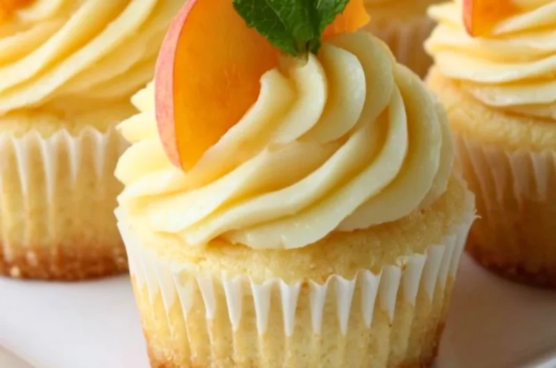 Peach and honey cheesecake cupcakes topped with fresh fruit and honey drizzle