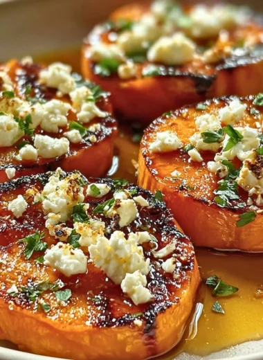 Roasted sweet potato rounds topped with honey and feta cheese