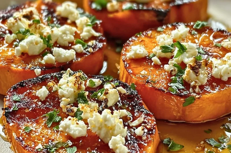 Roasted sweet potato rounds topped with honey and feta cheese