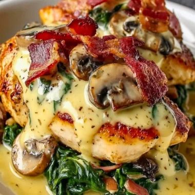 Delicious smothered chicken with creamed spinach, bacon, and mushrooms on a plate.