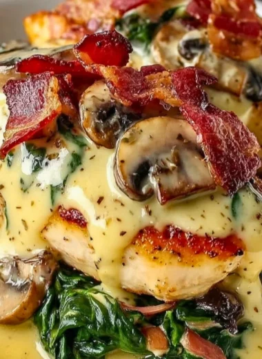 Delicious smothered chicken with creamed spinach, bacon, and mushrooms on a plate.