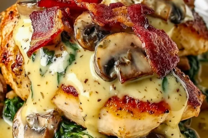 Delicious smothered chicken with creamed spinach, bacon, and mushrooms on a plate.