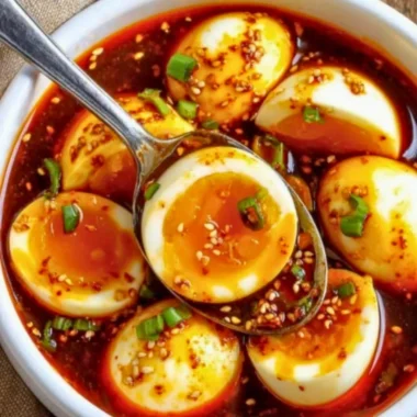 Spicy Gochujang Eggs served on a plate with fresh herbs